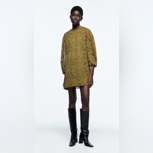 ZARA‎ Olive Green Lace Mini Dress XS Boho Western Puff Sleeve Scallop Hem